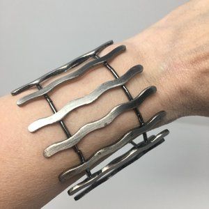 Swirl Curved Vertical Bar Brushed Pewter Tone Steel Expandable Cuff Bracelet